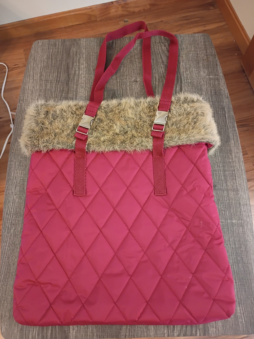 Bath & Body Works Quilted Magenta Tote with Faux Fur Trim